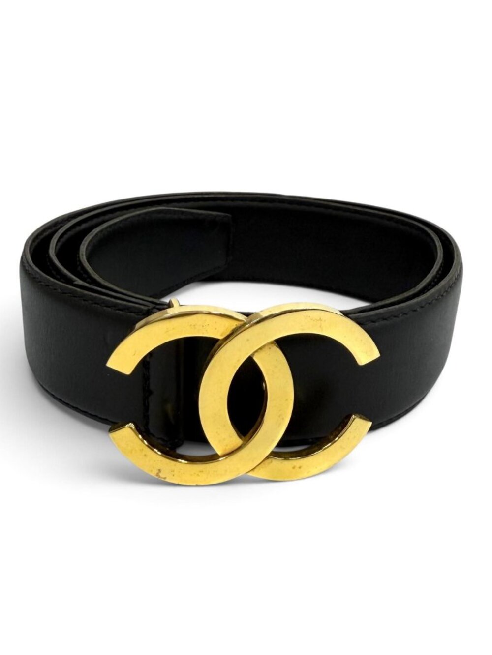 Chanel Vintage CC Logo Leather Belt Black Gold 65/26